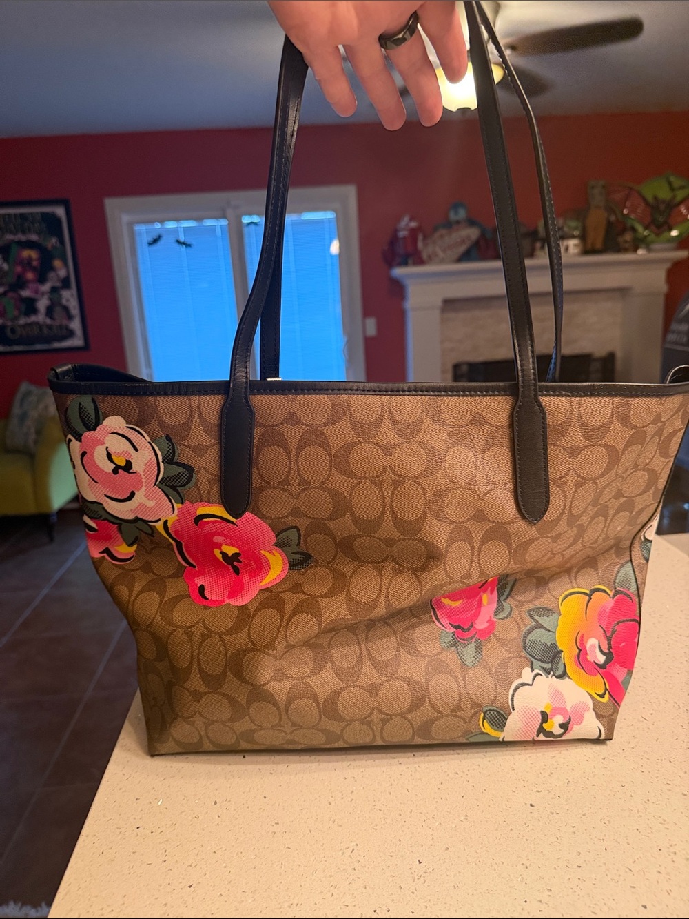 Coach Brown Logo Tote with Pink and Yellow Floral Print - Picture 4 of 7
